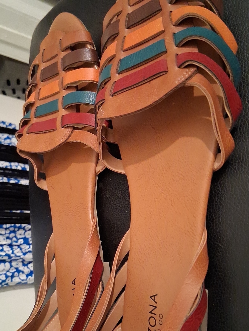 Arizona Love Tan Leather Slide Sandals with Multicolor Straps